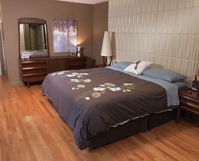 Современный дизайн спальни в серых тонах 