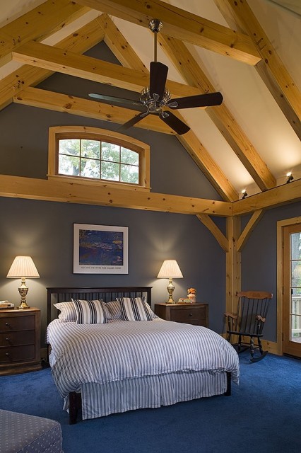 Современный дизайн спальной в серо-синих тонах