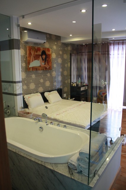 Дизайн спальни с ванной комнатой