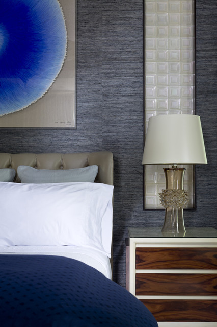 Дизайн спальни в сине-серых оттенках 